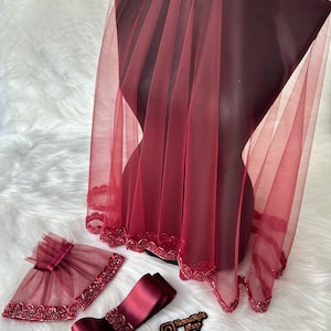 Beaded Burgundy Henna-Night Set - Veil, Gloves, and Belt for Henna Party / Kina gecesi duvak