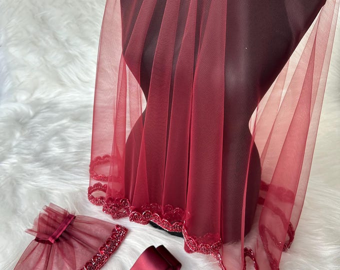 Beaded Burgundy Henna-Night Set - Veil, Gloves, and Belt for Henna Party / Kina gecesi duvak