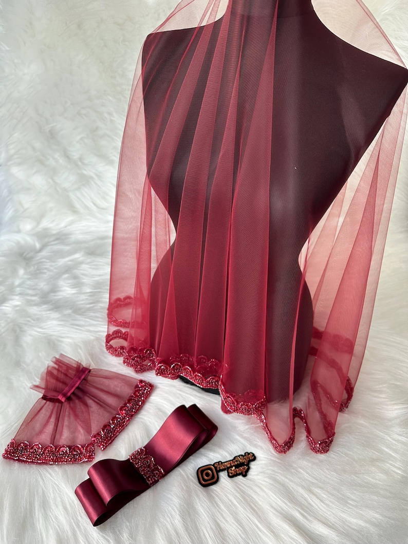 beaded satin burgundy veil gloves and belt