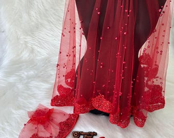 Luxury Pearl Sequin Veil Gloves, Hand Rose Belt Set  Bridal & Henna Accessories in Red