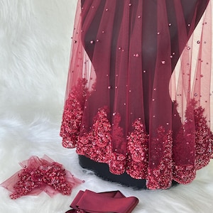 Sequin Henna Night Veil & Burgundy Pearl | Turkish Style Tulle Veil for Bridal, Kına Gecesi, or Engagement