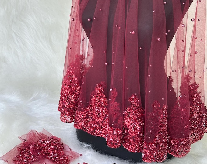 Sequin Henna Night Veil & Burgundy Pearl | Turkish Style Tulle Veil for Bridal, Kına Gecesi, or Engagement
