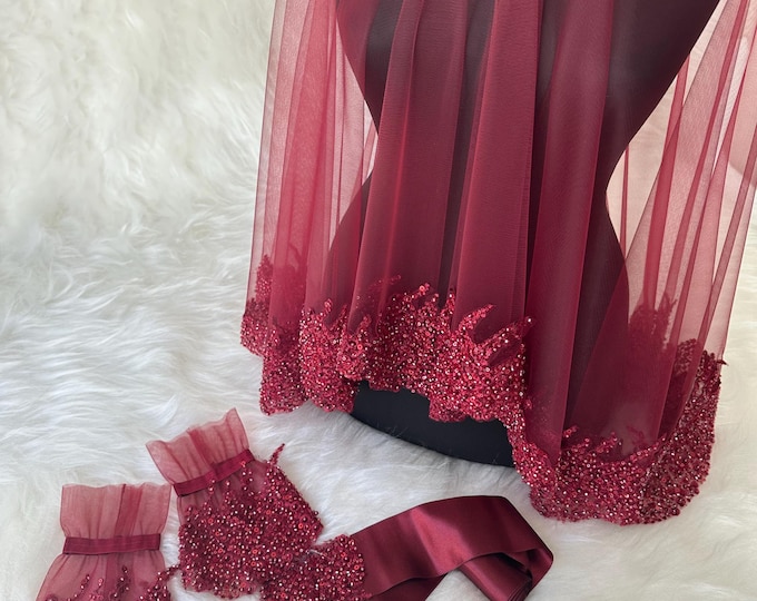 Henna Beaded Red Veil, Sash & Gloves Set – Eye-Catching Kina Duvagi Henna-Nacht