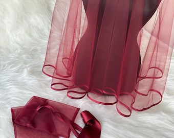 Henna Veil Burgundy Ribbon-Edged & Gloves Belt Set – Bridal veil Turkish kına gecesi