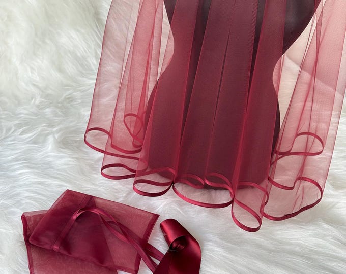 Henna Veil Burgundy Ribbon-Edged & Gloves Belt Set – Bridal veil Turkish kına gecesi