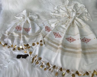 Spa Pestemal with Towel Gold Coins and Embroidery | Turkish Bridal Hammam Accessory for Gelin Hamamı Traditional White