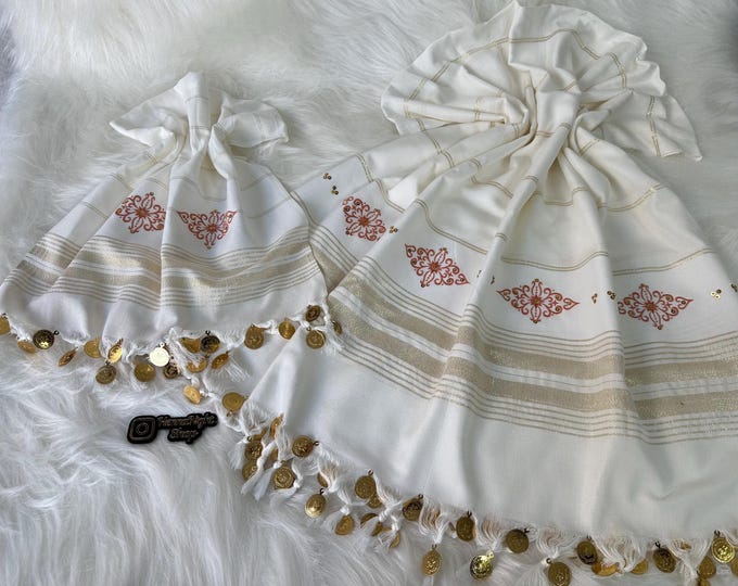 Spa Pestemal with Towel Gold Coins and Embroidery | Turkish Bridal Hammam Accessory for Gelin Hamamı Traditional White