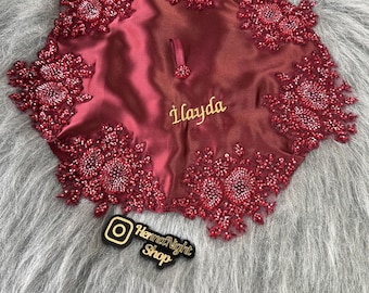 Henna Night Bride Handkerchief - Personalized Satin Kına Gecesi Gelin Halay Mendili with Red Beaded Embroidery