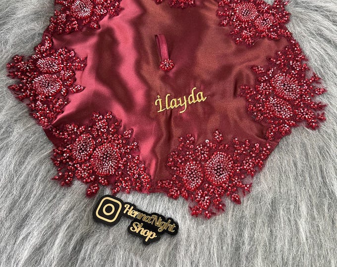 Henna Night Bride Handkerchief - Personalized Satin Kına Gecesi Gelin Halay Mendili with Red Beaded Embroidery
