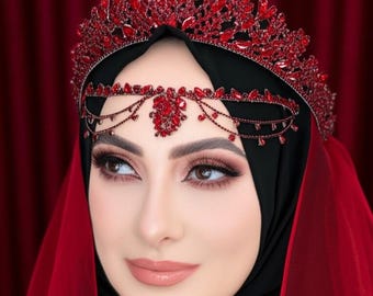 Red Crystal Henna Night & Wedding Forehead Jewelry with Matching Tiara – Economical, Shimmering Bridal Jewelry