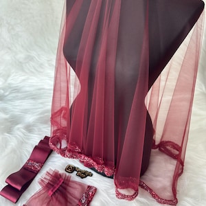Henna Bride Veil, Belt, and Gloves Set - Elegant Red Tulle with Beaded Trim | Henna Nacht Roter Schleier
