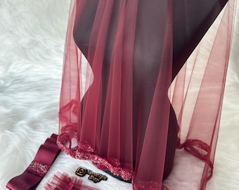 Red Tulle Henna Bride Veil, Belt, and Gloves Set: Beaded Trim