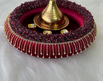 Henna Tray with Gold Dome & Beaded Luxurious Burgundy Velvet kınagecesi tepsi