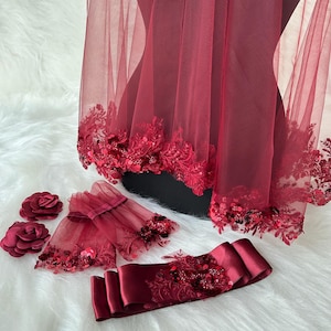 Set di velo, guanti e cintura all'henné – Accessorio da sposa con paillettes in pizzo di lusso bordeaux con applicazioni da sposa