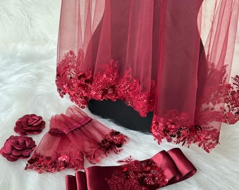 Henna Veil, Gloves, & Belt Set – Sequined Wedding Accessory in Burgundy Luxury Lace Appliqué Bridal