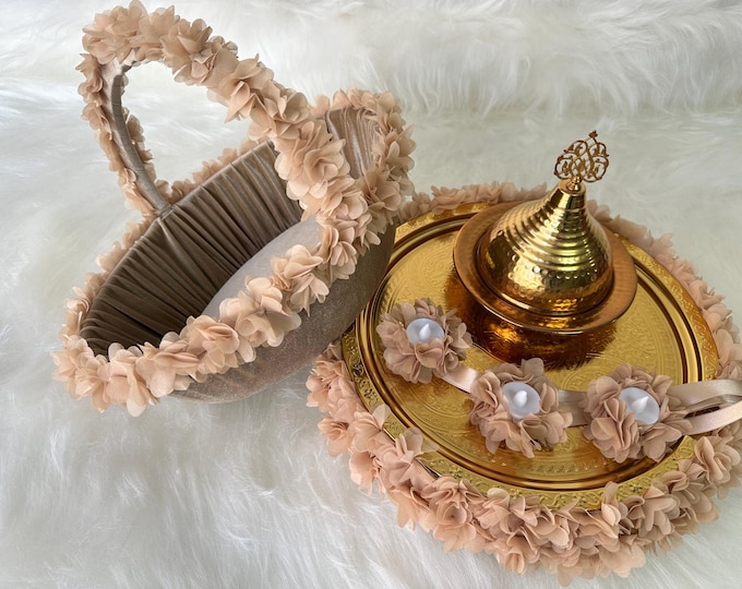 Henna Basket & Tray with Gold Dome, Floral Accents Emerald Velvet kinagecesi tepsi sepet