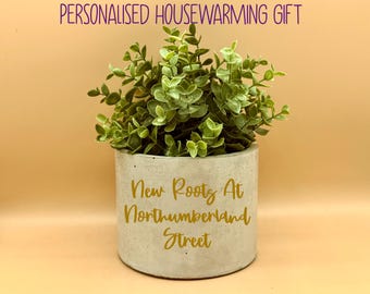 Personalised Concrete Plant Pot – “New Roots at Your Street/Address” | Custom Housewarming Gift | New Home Decor | Modern Minimalist Planter