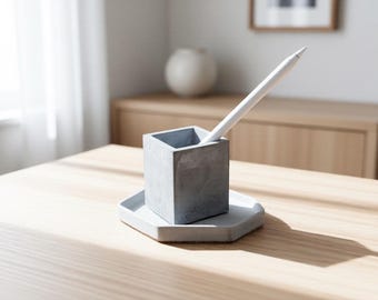 Handmade Concrete Brush Holder & Tray Set | Modern Desk Organizer