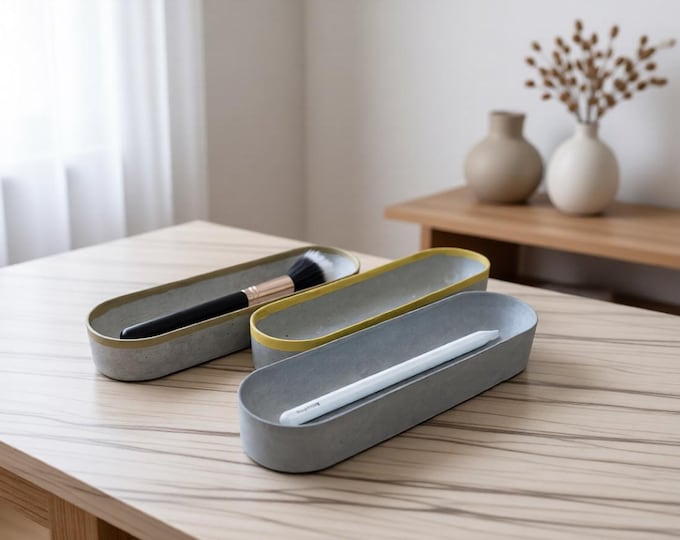 Handmade Concrete Desk Tray – Minimalist Stationery Organizer, Pen Holder
