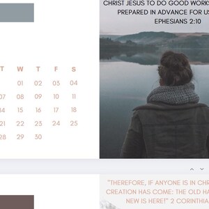 May include: A calendar for April with the quote "CHRIST JESUS TO DO GOOD WORKS, WHICH GOD PREPARED IN ADVANCE FOR US TO DO." EPHESIANS 2:10" and a photo of a person standing in front of a lake with a quote from 2 Corinthians 5:17.
