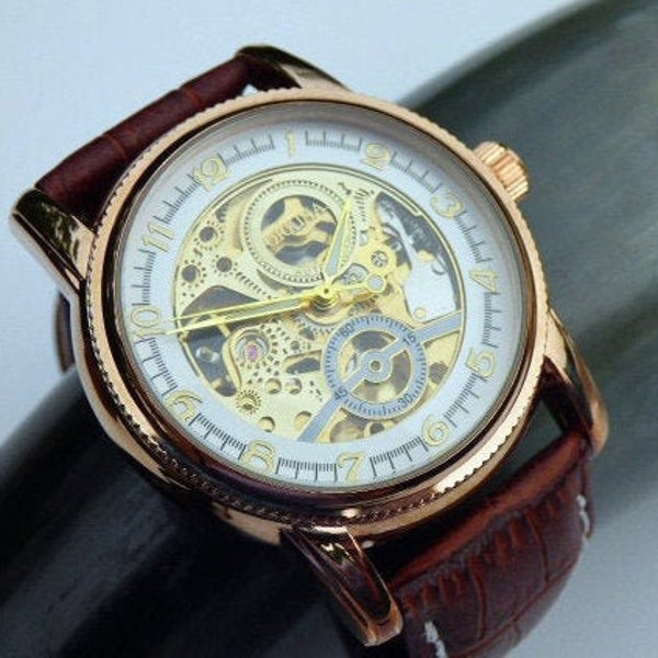 Luxury Copper Mechanical Wrist Watch, Leather Wristband, Automatic Men's Watch, Groomsmen Gift - Item MWA16-cp
