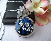 18th Century Antique Style Cherry Blossom Pocket Watch Pendant Necklace, 20-24 quot Sterling Silver or 24-30 quot Silver Plated Chain - Engravable