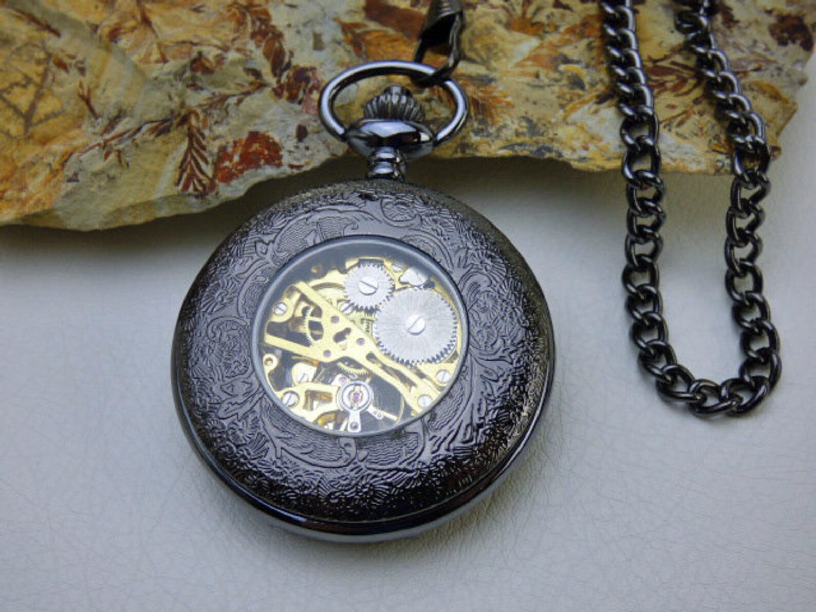 Premium Black Pocket Watch Plus Watch Chain Mechanical Watch Etsy