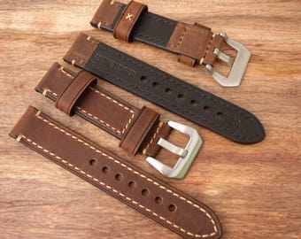 Coffee Brown Leather Watch Band - 20mm and 22mm Watch Band - Smooth flexible leather - Hand Stitched Watch Strap - Item 12074br