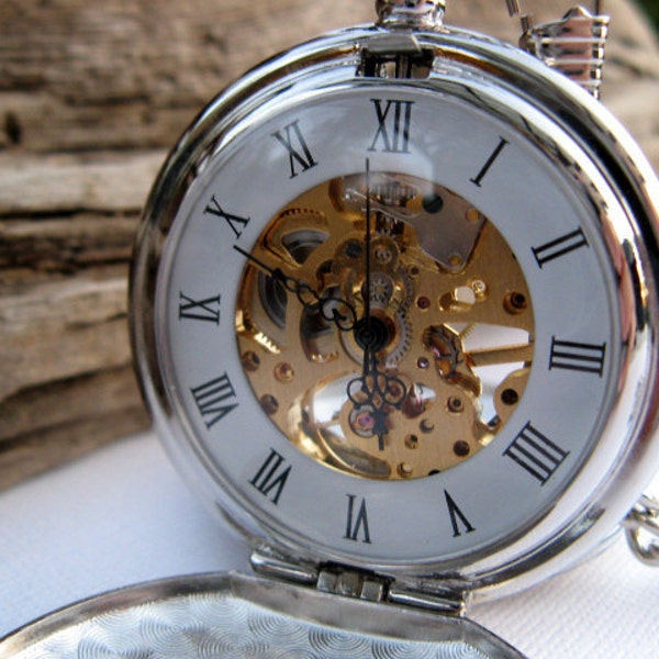 Silver Pocket Watch, Gold Mechanical Movement, Double Cover, Engraved watch, Personalize Jewelry, Gift Box - Item MPW66