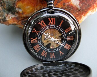 Timeless Black Pocket Watch with Watch Chain, Engraved Watch, Personalized Gift, Groomsmen Gift, Men's Watch, Gift Boxed - Item MPW821