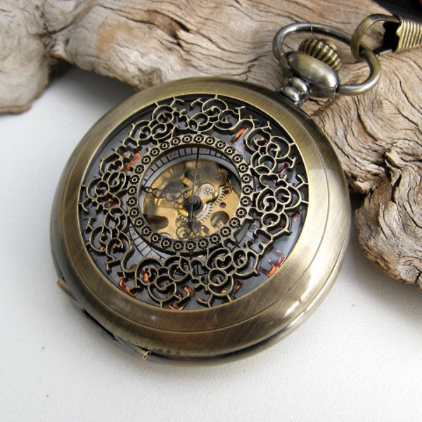 Antique Bronze Pocket Watch with 15" Pocket Watch Chain - Steampunk Watch - Gold Arabic - Groomsmen Gift - Engravable - Item MPW640