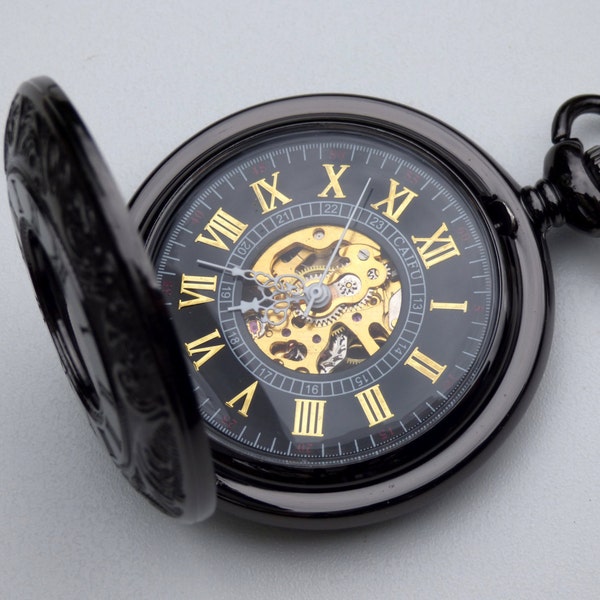 Luxury Black Pocket Watch, Watch Chain, Mechanical, Engravable, Men's Watch, Black Watch, Gift Boxed - Item MPW08g Sm