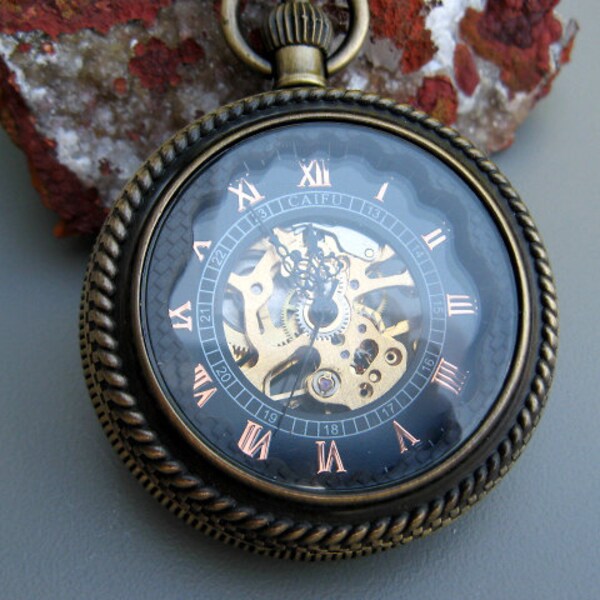 Premium Victorian Bronze Mechanical Pocket Watch, 15" Watch Chain, Engravable, Magnifying cover, Gift Box - Item MPW110