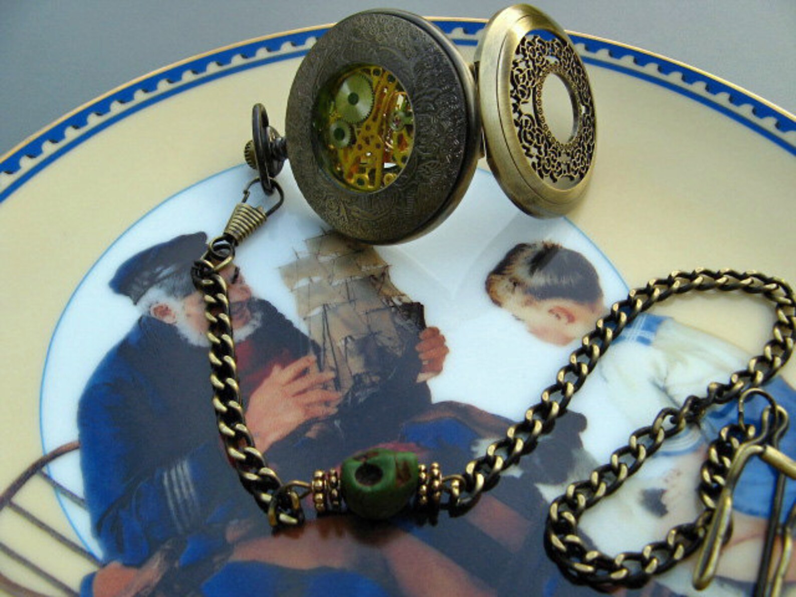 Airship Pirate Pocket Watch Filigree Engraved Antique Bronze Etsy