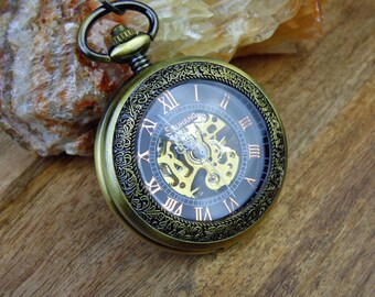 Pocket Watch 1882's Archaize Bronze Mechanical Watch with Watch Chain, Steampunk Skeleton Watch, Gift wrapped - Item MPW302