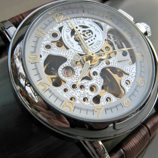 Luxury Silver Mechanical Wrist Watch, Leather Wristband, Automatic Men's Watch, Groomsmen Gift - Item MWA57