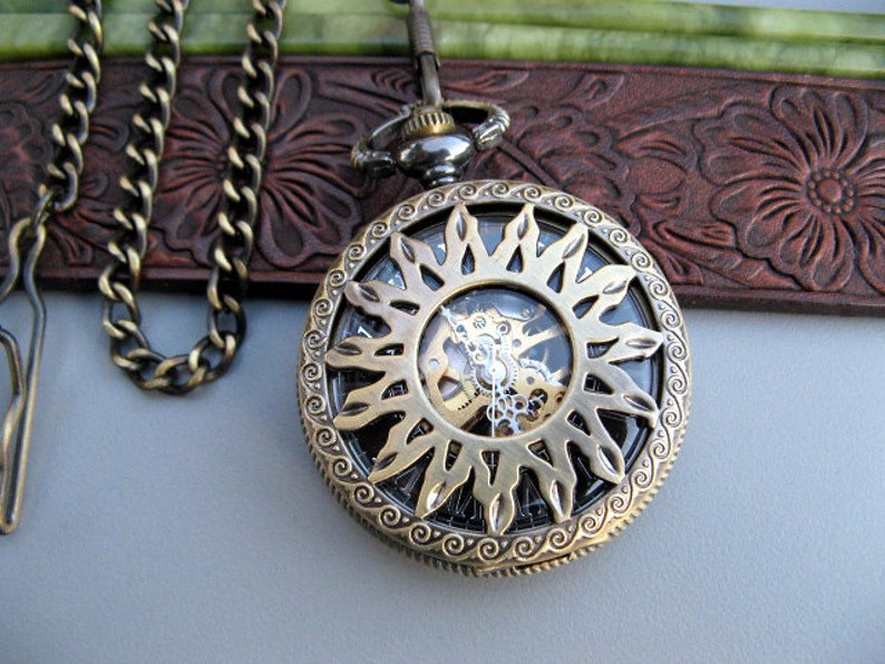 Bronze Pocket Watch Pocket Watch Chain Sunburst Design Etsy