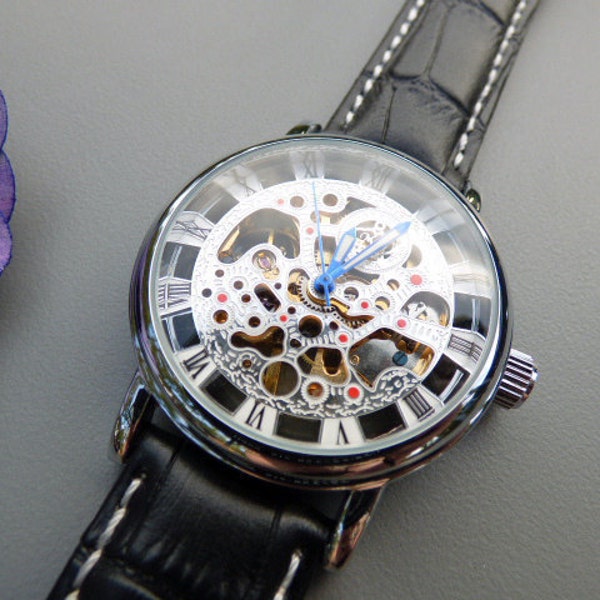 Silver & Black Mechanical Wrist Watch, Black Leather Wristband, Groomsman Gift, Men's Watch, Engraved Watch, Women's Watch - Item MWA132