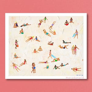 May include: A rectangular art print featuring a textured, off-white sandy beach scene with numerous small, stylized figures in colorful swimwear lounging, sitting, and standing. The text 'mary' and 'marydonald' is printed in the bottom right corner.