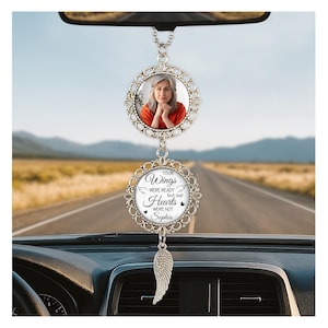 Custom Photo Rearview Mirror Car Charm Car Angel Charm Picture Engraving Car Hanging Ornament Angel Wing Car Photo Charm Gift for Father