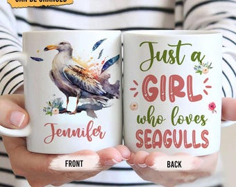 Personalized Seagull Mug – Custom Name Seagull Coffee Cup, Cute Bird Lover Gift for Women and Girls, Animal Lover Mug