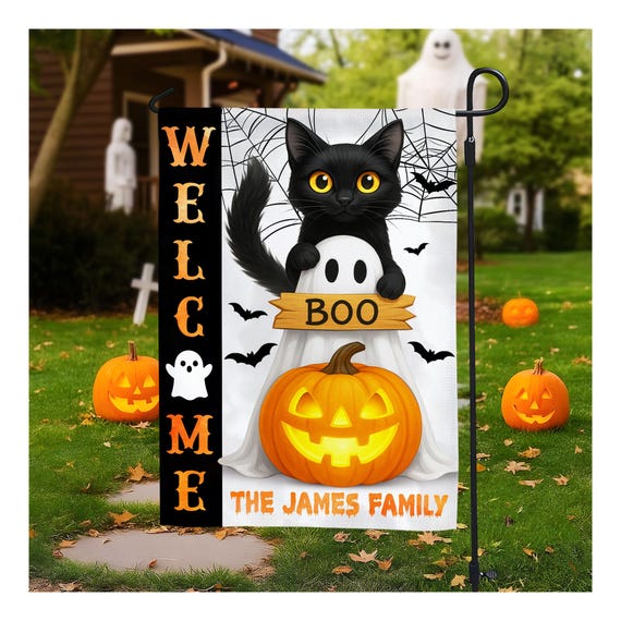 SAVITA Halloween Gartenflagge – Doppelseitig, 45 X 30 Cm, Mit Geistern, Kürbis & Schwarzer Katze