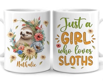 Personalized Sloth Mug – Custom Name Sloth Coffee Cup, Cute Sloth Gift for Women and Girls, Animal Lover Mug