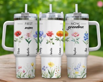 Personalized Grandma Tumbler: Custom Birth Month Flowers, Grandkids Names