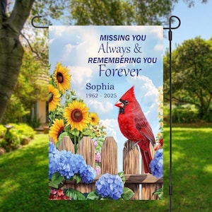 Personalized Garden Flag, Cardinals Flag, Missing You Always & Remembering You Forever Flag, Memorial Garden Decor, In Loving Memory Flag
