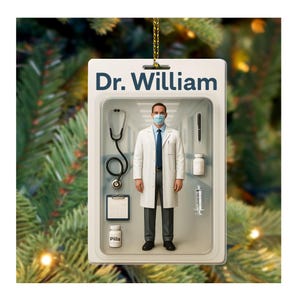 Gepersonaliseerde doktersornament, 2D platte dokter kerstversieringen voor boom, dokter cadeau voor mannen dokters, stethoscoop ornament cadeaus voor dokter