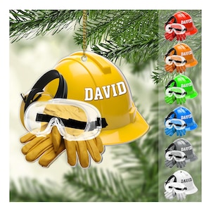 Personalized Construction Ornaments – 2D Flat Construction Worker Christmas Ornaments 2025 – Custom Name Hard Hat For Construction Workers