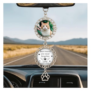 Puede incluir: Un adorno plateado para coche con una foto de un gato en un marco decorativo. El adorno tiene el texto "Best friends are never forgotten" y "Luna 2021-2025". Un dije de huella de pata cuelga debajo.