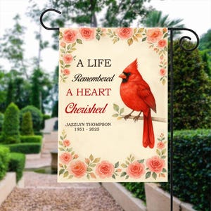 Personalized Garden Flag, Cardinal Memorial Garden Flag, A Life Remembered A Heart Cherished Flag, In Loving Memory Flag, Rest in Peace Flag