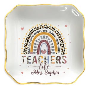 Personalized Teacher Jewelry Dish: Rainbow Leopard Ceramic Trinket Dish